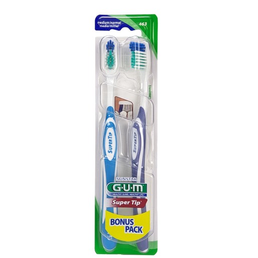 Gum Sunstar Super Tip Bonus Pack Medium / Normal Toothbrush 2 Τεμάχια, Κωδ 463 - Γαλάζιο / Μωβ