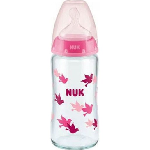 Nuk First Choice Plus Glass Bottle Temperature Control Silicone Medium 0-6m 240ml, Κωδ 10745124 - Ροζ