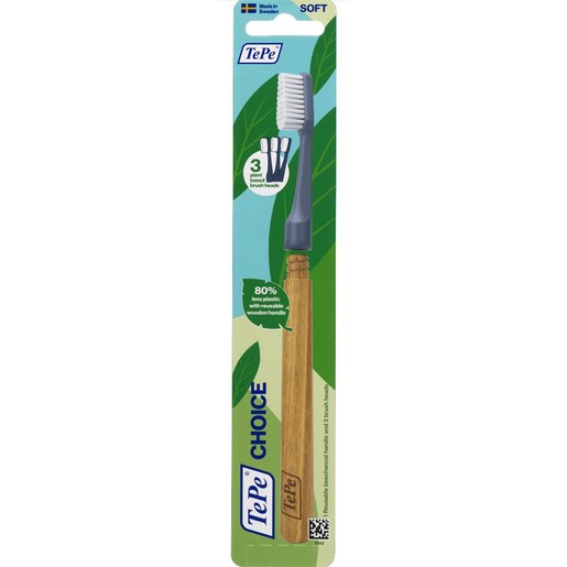 Tepe Choice Soft Toothbrush with Reusable Wooden Handle & Plant Based Brush Heads 1 Τεμάχιο - Μπλε