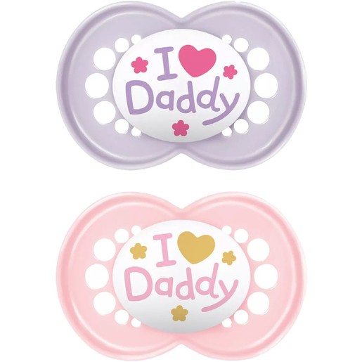 Mam Original Ι Love Daddy Silicone Soother 6-16m 2 Τεμάχια, Κωδ 170SG2C - Μωβ / Ροζ