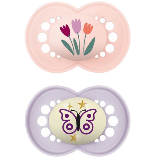 Mam Day & Night Silicone Soother 6-16m 2 Τεμάχια, Κωδ 174SGc - Ροζ / Λιλά