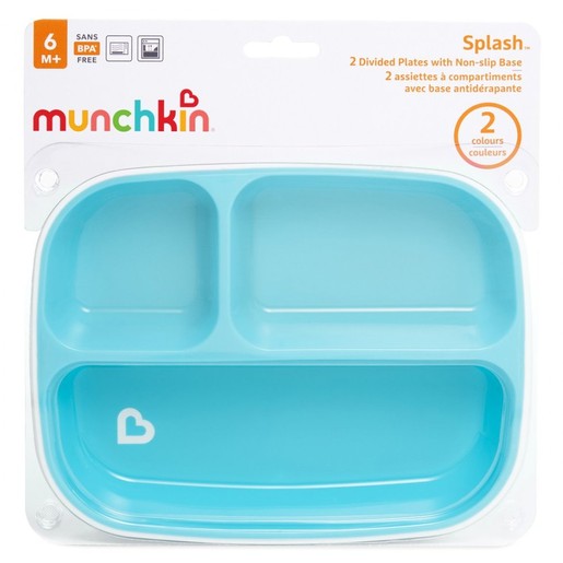 Munchkin Splash Divided Plates With Non-slip Base 6m+, 2 Τεμάχια - Γαλάζιο / Λαχανί