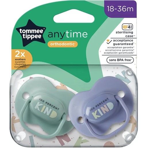 Tommee Tippee Anytime Orthodontic Silicone Soother 18-36m, 2 Τεμάχια - Λιλά / Μέντα