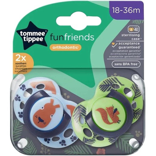 Tommee Tippee Fun Friends Orthodontic Silicone Soother 18m-36m, 2 Τεμάχια Γαλάζιο/Πράσινο