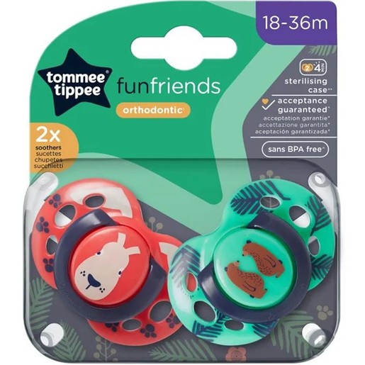 Tommee Tippee Fun Friends Orthodontic Silicone Soother 18m-36m, 2 Τεμάχια Κόκκινο/Πράσινο