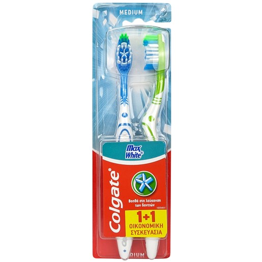 Colgate Max White Medium Toothbrush 2 Τεμάχια - Μπλε / Πράσινο