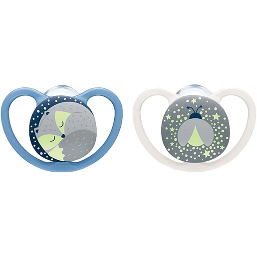 Nuk Space Night Silicone Soother 0-6m 2 Τεμάχια, Κωδ 10571254 - Μπλε / Λευκό 