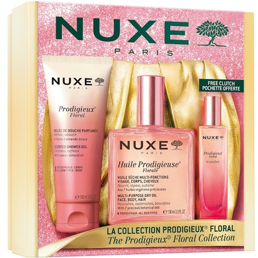 Nuxe Promo Prodigieux Floral Scented Shower Gel 100ml & Floral le Parfum 50ml & Huile Multi-Purpose Dry Oil 100ml & Δώρο Pouch Χρυσό Χρώμα 1 Τεμάχιο