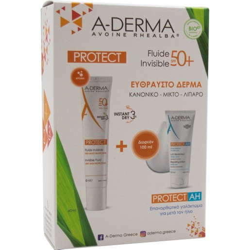 A-Derma Protect Fluide Invisible Λεπτόρρευστη Αντηλιακή Κρέμα Προσώπου Spf50+, 40ml & Δώρο Protect AH Lait Reparateur 100ml A-Derma Protect Fluide Invisible Λεπτόρρευστη Αντηλιακή Κρέμα Προσώπου Spf50+, 40ml & Δώρο Protect AH Lait Reparateur 100ml