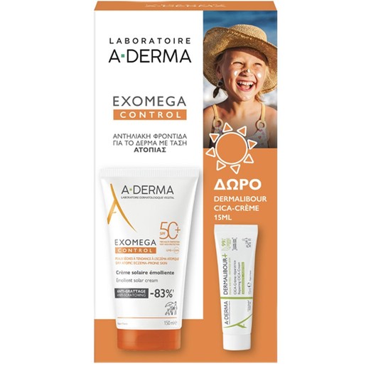 A-Derma Promo Exomega Control Spf50+ Anti-Scratching Emollient Solar Cream 150ml & Δώρο Dermalibour+ Repairing CICA Cream 15ml