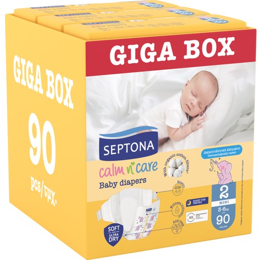 Septona Calm n\' Care Baby Diapers Giga Box Mini No2 (3-6kg) 90 Τεμάχια (3x30 Τεμάχια)