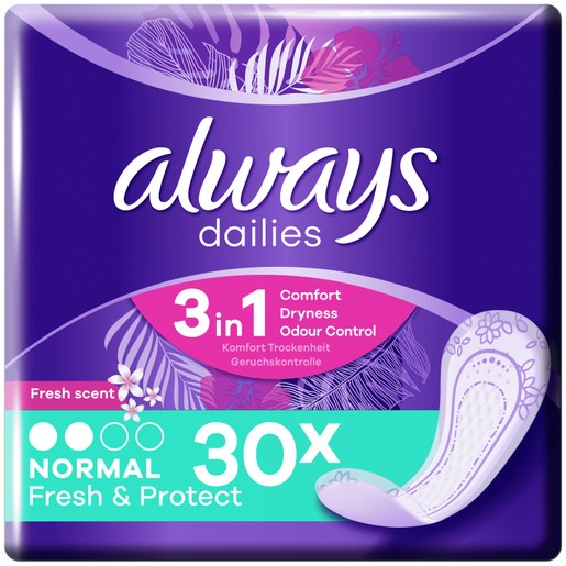 Always Dailies Fresh & Protect Normal Fresh Scent Σερβιετάκια με Άνετη Εφαρμογή Όλη Μέρα 30 τεμάχια Always Dailies Fresh & Protect Normal Fresh Scent Σερβιετάκια με Άνετη Εφαρμογή Όλη Μέρα 30 τεμάχια