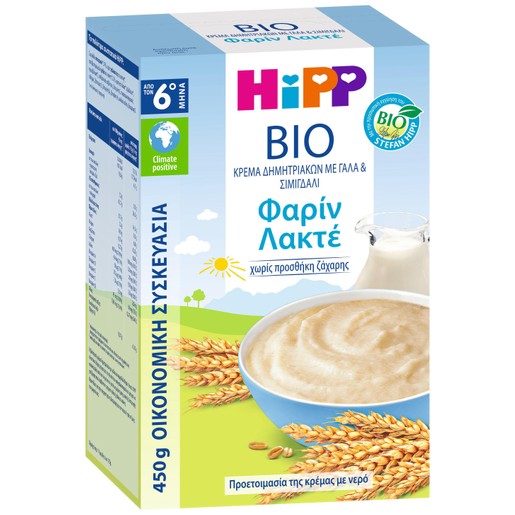 Hipp Bio Κρέμα Δημητριακών με Γάλα & Σιμιγδάλι Φαρίν Λακτέ Χωρίς Προσθήκη Ζάχαρης από τον 6ο Μήνα 450gr