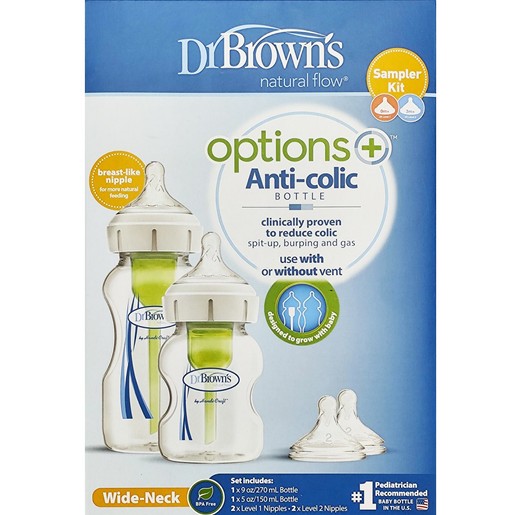 Dr. Brown’s Promo Options+ Anti-colic Plastic Bottle Wide Neck 0m+ (1x270ml) & (1x150ml) & Natural Flow Level 1 & Level 2 Silicone Teat (2x2Τεμάχια)