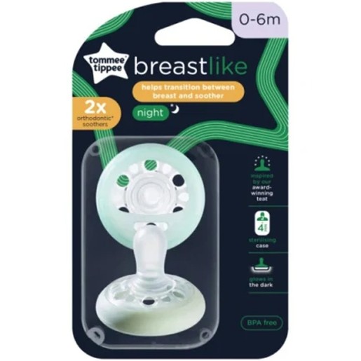 Tommee Tippee Breast Like Orthodontic Glow Silicone Soother 0-6m 2 Τεμάχια