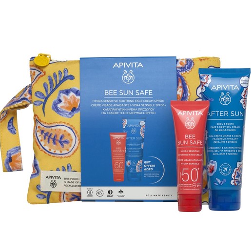 Apivita Promo Bee Sun Safe Hydra Sensitive Soothing Face Cream Spf50+, 50ml & Δώρο After Sun Cool & Sooth Gel-Cream Travel Size 100ml, Νεσεσέρ 1 Τεμάχιο