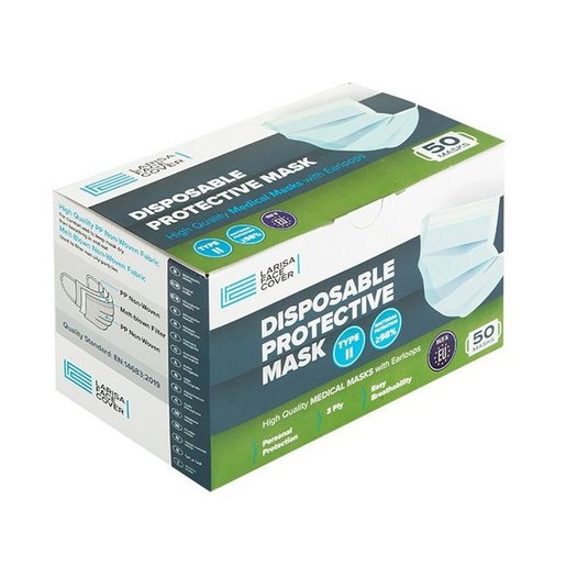 Disposable Protective Medical Face Mask Type II Χειρουργικές Μάσκες Ενηλίκων με Λάστιχο & Έλασμα, Ελληνικής Κατασκευής 50Τεμάχια Disposable Protective Medical Face Mask Type II Χειρουργικές Μάσκες Ενηλίκων με Λάστιχο & Έλασμα, Ελληνικής Κατασκευής 50Τεμάχια