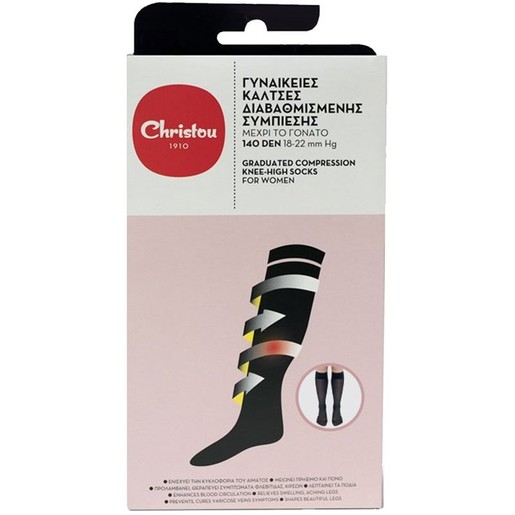 Christou Gratuated Compression Knee - High Cotton Socks for Women CH-018 Black 140 DEN 1 Ζευγάρι