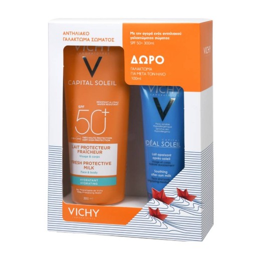 Vichy Πακέτο Προσφοράς Capital Soleil Fresh Protective Milk Face & Body Spf50+, 300ml & Δώρο Ideal Soleil After Sun 100ml Vichy Πακέτο Προσφοράς Capital Soleil Fresh Protective Milk Face & Body Spf50+, 300ml & Δώρο Ideal Soleil After Sun 100ml