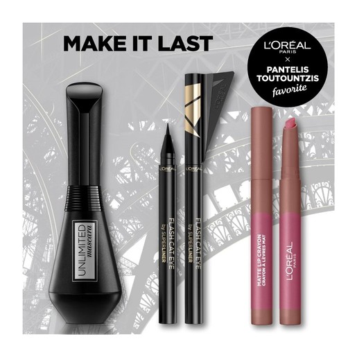 L\'oreal Paris Make It Last Make up Set Unlimited Mascara Black 7.4ml, Superliner Flash Cat Eye Black & Matte Lip Crayon 1.3gr L\'oreal Paris Make It Last Make up Set Unlimited Mascara Black 7.4ml, Superliner Flash Cat Eye Black & Matte Lip Crayon 1.3gr