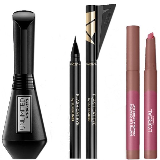 L\'oreal Paris Make It Last Make up Set Unlimited Mascara Black 7.4ml, Superliner Flash Cat Eye Black & Matte Lip Crayon 1.3gr L\'oreal Paris Make It Last Make up Set Unlimited Mascara Black 7.4ml, Superliner Flash Cat Eye Black & Matte Lip Crayon 1.3gr