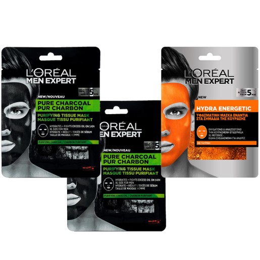 L\'oreal Paris Πακέτο Προσφοράς Men Expert Pure Carbon Purifying Tissue Mask 2x30g & Hydra Energetic Tissue Mask 1x30g