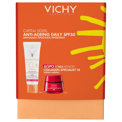 Vichy Promo Capital Soleil Anti-Ageing 3-in-1 Spf50, 50ml & Δώρο Liftactiv Collagen Specialist 16 Day Cream 15ml