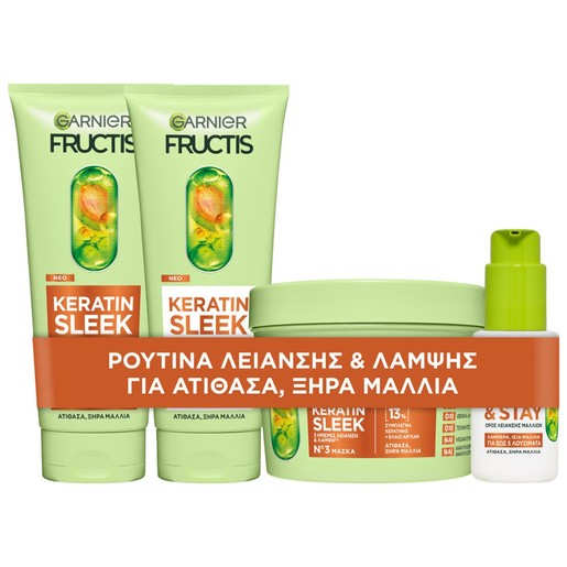 Garnier Promo Fructis Keratin Sleek Shampoo 200ml & Conditioner 200ml & Keratin Fructis Sleek & Stay Serum 100ml & Fructis Keratin Sleek Mask 370ml Garnier Promo Fructis Keratin Sleek Shampoo 200ml & Conditioner 200ml & Keratin Fructis Sleek & Stay Serum 100ml & Fructis Keratin Sleek Mask 370ml