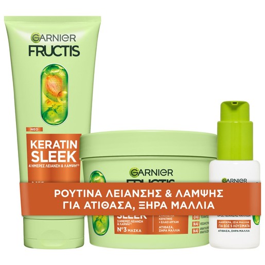 Garnier Promo Fructis Keratin Sleek Shampoo 200ml & Fructis Sleek & Stay Serum 100ml & Fructis Keratin Sleek Mask 370ml Garnier Promo Fructis Keratin Sleek Shampoo 200ml & Fructis Sleek & Stay Serum 100ml & Fructis Keratin Sleek Mask 370ml