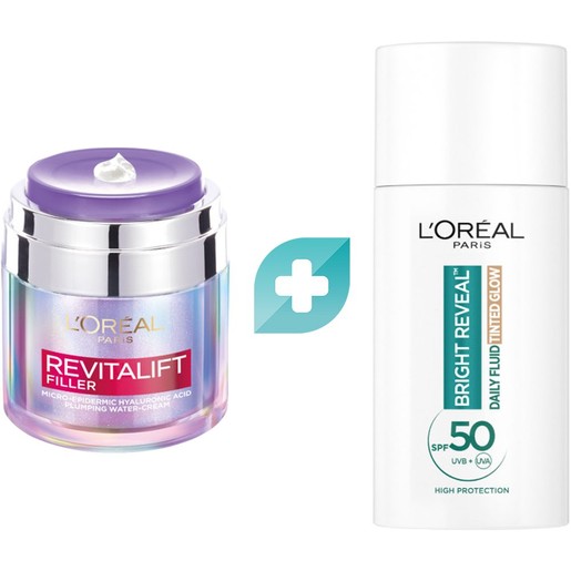 L\'Oreal Paris Promo Revitalift Filler Hyaluronic Plumping Water-Cream 50ml & Bright Reveal Tinted Glow Daily Fluid Spf50, 50ml L\'Oreal Paris Promo Revitalift Filler Hyaluronic Plumping Water-Cream 50ml & Bright Reveal Tinted Glow Daily Fluid Spf50, 50ml