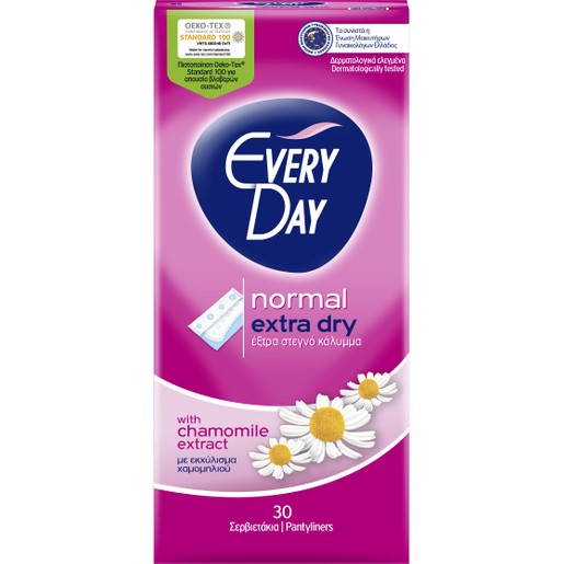 Every Day Extra Dry Normal Ανατομικά Σερβιετάκια με Έξτρα Στεγνό Κάλυμμα & Εκχύλισμα Χαμομηλιού 30 Τεμάχια Every Day Extra Dry Normal Ανατομικά Σερβιετάκια με Έξτρα Στεγνό Κάλυμμα & Εκχύλισμα Χαμομηλιού 30 Τεμάχια