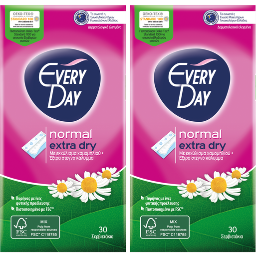 Every Day Πακέτο Προσφοράς Extra Dry Normal Ανατομικά Σερβιετάκια για Κανονική Ροή 2x30 Τεμάχια 1+1 Δώρο Every Day Πακέτο Προσφοράς Extra Dry Normal Ανατομικά Σερβιετάκια για Κανονική Ροή 2x30 Τεμάχια 1+1 Δώρο
