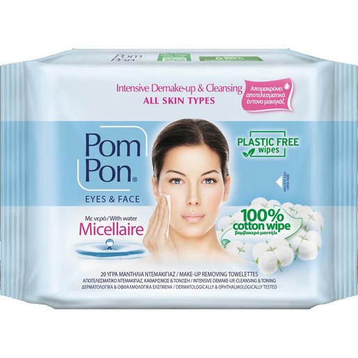 Pom Pon Face & Eyes 100% Cotton Wipes Intensive Demake-up & Cleansing with Micellaire Water, All Skin Types 20 Τεμάχια Pom Pon Face & Eyes 100% Cotton Wipes Intensive Demake-up & Cleansing with Micellaire Water, All Skin Types 20 Τεμάχια