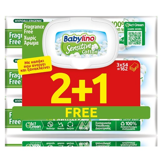 Babylino Sensitive Cotton Fragrance Free Απαλά Υποαλλεργικά Μωρομάντηλα Χωρίς Άρωμα, με Αλόη 2+1 Δώρο, 3 x 54 τεμάχια Babylino Sensitive Cotton Fragrance Free Απαλά Υποαλλεργικά Μωρομάντηλα Χωρίς Άρωμα, με Αλόη 2+1 Δώρο, 3 x 54 τεμάχια