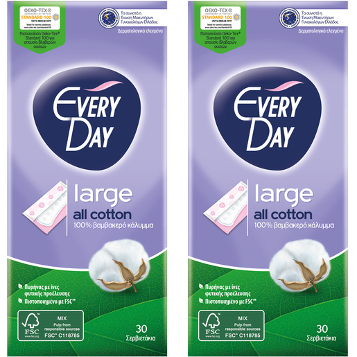 Every Day Πακέτο Προσφοράς All Cotton Large Ανατομικά Σερβιετάκια με Βαμβακερό Κάλυμμα 2x30 Τεμάχια 1+1 Δώρο Every Day Πακέτο Προσφοράς All Cotton Large Ανατομικά Σερβιετάκια με Βαμβακερό Κάλυμμα 2x30 Τεμάχια 1+1 Δώρο