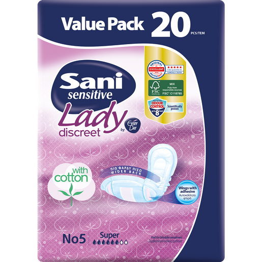Sani Sensitive Lady Discreet No5 Super για Ελαφράς Μορφής Ακράτεια κι Άλλες Ειδικές Χρήσεις 20τμχ Sani Sensitive Lady Discreet No5 Super για Ελαφράς Μορφής Ακράτεια κι Άλλες Ειδικές Χρήσεις 20τμχ