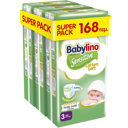 Babylino Sensitive Cotton Soft Super Pack Midi Νο3 (4-9kg) 168 Τεμάχια (3x56 Τεμάχια)