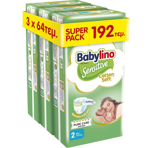 Σετ Babylino Sensitive Cotton Soft Mini Νο2 (3-6kg) 192 Τεμάχια (3x64 Τεμάχια) Σετ Babylino Sensitive Cotton Soft Mini Νο2 (3-6kg) 192 Τεμάχια (3x64 Τεμάχια)