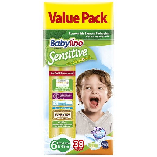 Babylino Sensitive With Chamomile Value Pack Extra Large Νο6 (13-18kg) 38 Πάνες