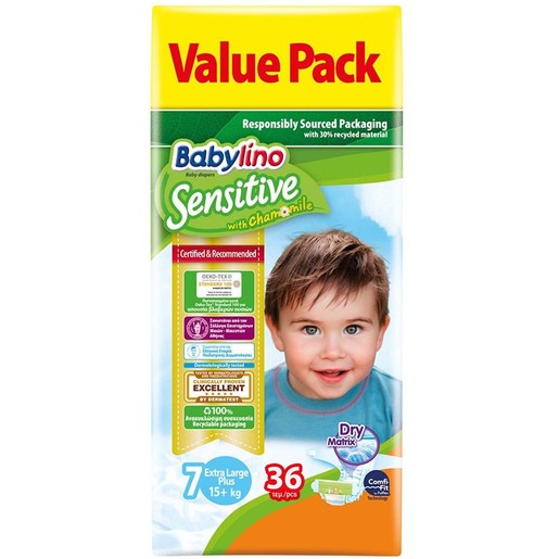 Babylino Sensitive With Chamomile Value Pack Extra Large Plus Νο7 (15+ kg) Παιδικές Πάνες 36 Τεμάχια Babylino Sensitive With Chamomile Value Pack Extra Large Plus Νο7 (15+ kg) Παιδικές Πάνες 36 Τεμάχια