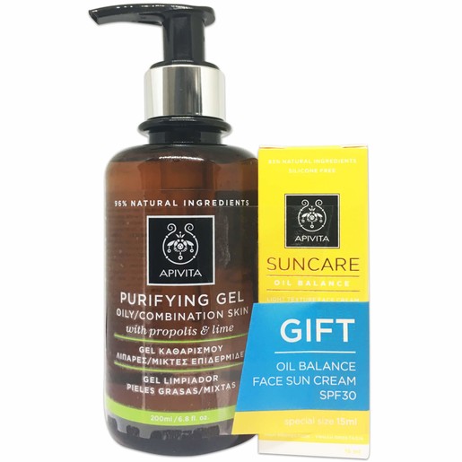Apivita Πακέτο Προσφοράς Purifying Gel With Propolis & Lime 200ml & Δώρο Suncare Oil Balance Light Texture Face Cream Spf30,15ml Apivita Πακέτο Προσφοράς Purifying Gel With Propolis & Lime 200ml & Δώρο Suncare Oil Balance Light Texture Face Cream Spf30,15ml