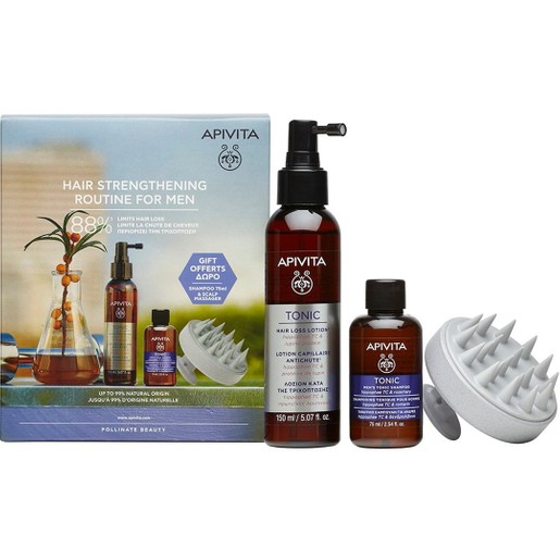 Apivita Hair Strengthening Routine for Men Πακέτο Προσφοράς Tonic Hair Loss Lotion 150ml & Δώρο Men\'s Tonic Shampoo 75ml & Scalp Massager