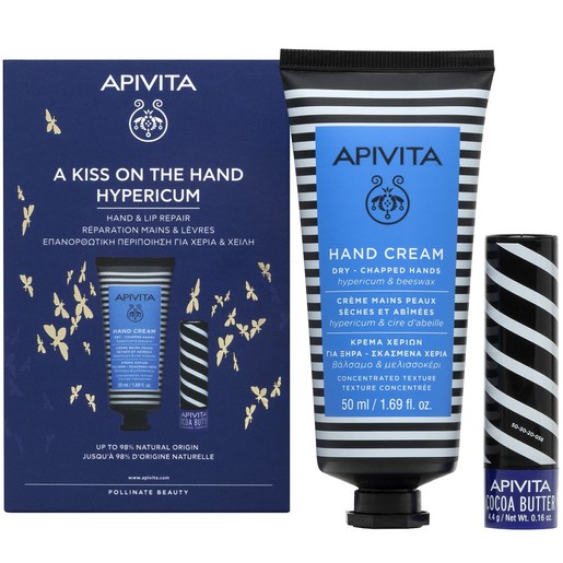 Apivita Πακέτο Προσφοράς A Kiss On The Hand Cream Moisturizing Hypericum - Beeswax 50ml & Lip Care Cocoa Butter Spf20, 4.4g
