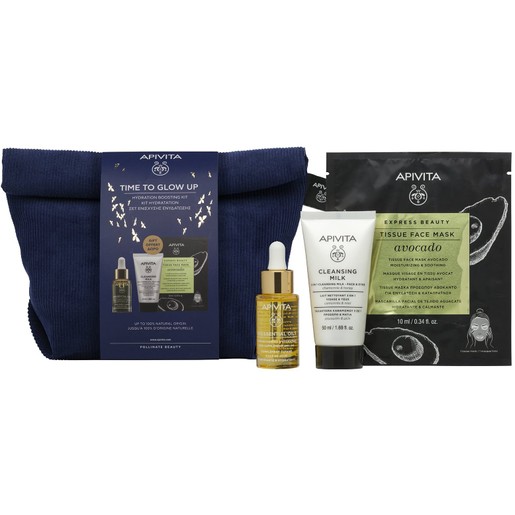 Apivita Πακέτο Προσφοράς Time to Glow Up Beessential Oils Strengthening - Hydrating Skin Supplement Day Oil 15ml & 3 in 1 Cleansing Milk 50ml & Avocado Tissue Face Mask 10ml & Νεσεσέρ