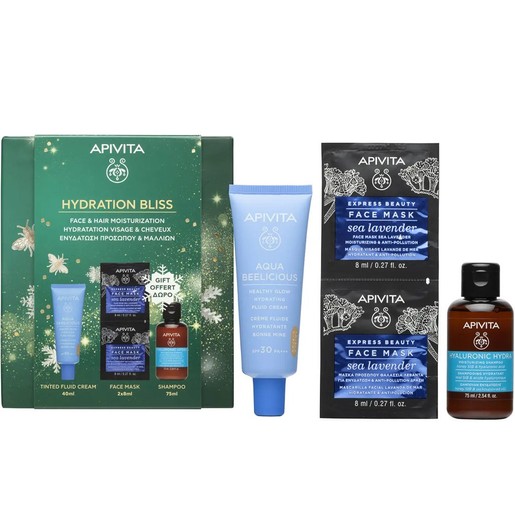 Apivita Promo Aqua Beelicious Healthy Glow Hydrating Fluid Cream Spf30 Tinted 40ml & Δώρο Express Beauty Sea Lavender Face Mask 2x8ml & Δώρο Hyaluronic Hydra Shampoo Travel Size 75ml