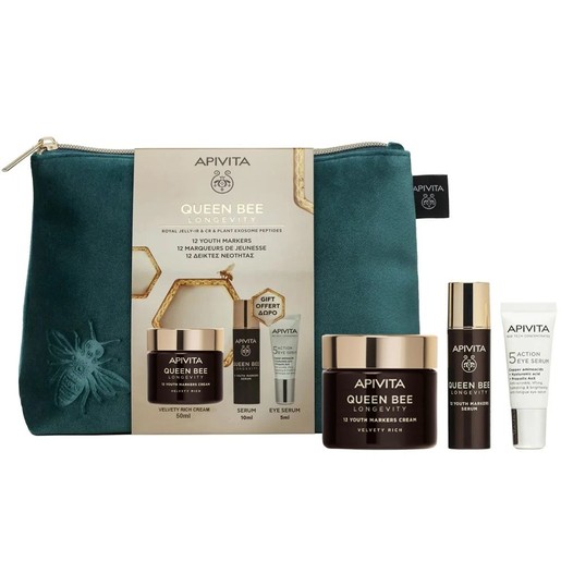 Apivita Promo Queen Bee Longevity 12 Youth Markers Velvety Rich Cream 50ml & Δώρο Serum 10ml & Δώρο 5-Action Eye Serum With White Lily 5ml & Νεσεσέρ 1 Τεμάχιο