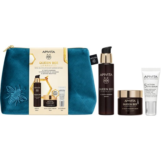 Apivita Promo Queen Bee Longevity 12 Youth Markers Serum 30ml & Δώρο Silky Light Cream 15ml & Δώρο 5-Action Eye Serum With White Lily 5ml & Νεσεσέρ 1 Τεμάχιο