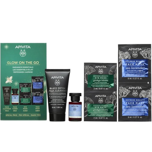 Apivita Promo Travel Size Black Detox Cleansing Jelly 50ml & Aqua Beelicious Toner 20ml & Express Beauty Ginkgo Biloba Eye Mask 2x2ml & Sea Lavender Moisturizing Face Mask 2x8ml