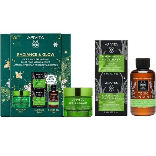 Apivita Promo Bee Radiant Rich Texture Anti-Fatigue Cream 50ml & Express Beauty Moisturizing & Refreshing Aloe Face Mask 2x8ml & Tonic Mountain Tea Shower Gel with Essential Oils 75ml