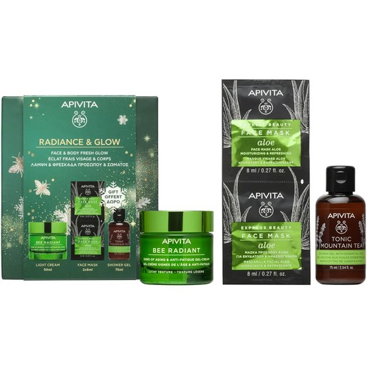 Apivita Promo Bee Radiant Light Texture Gel-Cream 50ml & Express Beauty Moisturizing & Refreshing Aloe Face Mask 2x8ml & Tonic Mountain Tea Shower Gel with Essential Oils 75ml